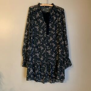 ZARA Green BLACK FLORAL SEMI SHEER CHIFFON TUNIC DRESS SIZE Small Conservative